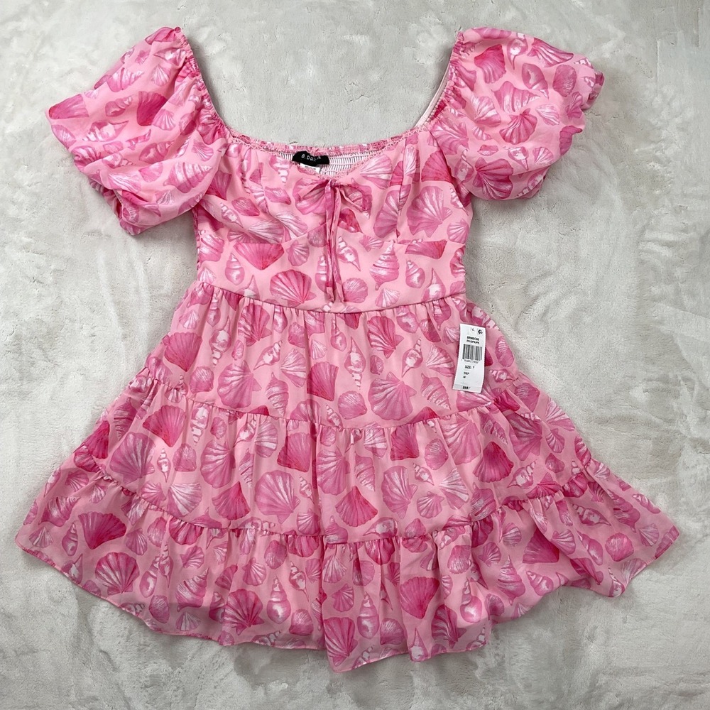 B. Darlin Pink Seashell Print Tiered Mini Dress Puff Sleeve Smocked Back 7/8 NEW
